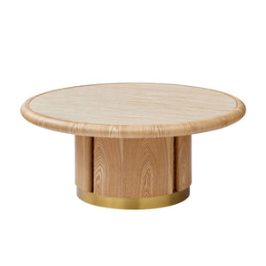 English Elm 35.43 Inch Round Sintered Stone Coffee Table with Wood Veneer Pedestal Base for Living Room Natural W2582S00210
