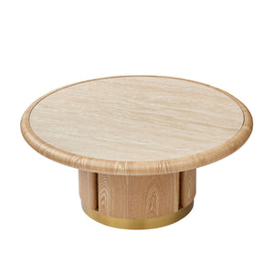 English Elm 35.43 Inch Round Sintered Stone Coffee Table with Wood Veneer Pedestal Base for Living Room Natural W2582S00210