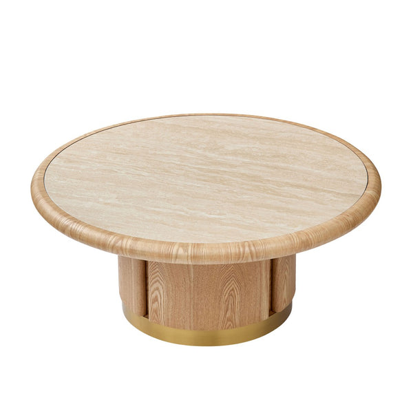English Elm 35.43 Inch Round Sintered Stone Coffee Table with Wood Veneer Pedestal Base for Living Room Natural W2582S00210