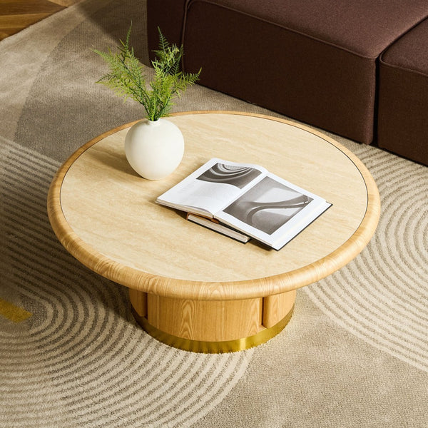 English Elm 35.43 Inch Round Sintered Stone Coffee Table with Wood Veneer Pedestal Base for Living Room Natural W2582S00210
