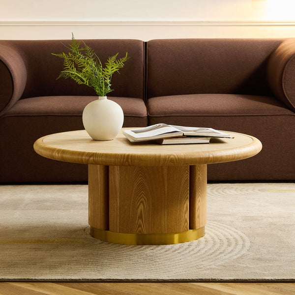 English Elm 35.43 Inch Round Sintered Stone Coffee Table with Wood Veneer Pedestal Base for Living Room Natural W2582S00210