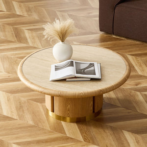 English Elm 35.43 Inch Round Sintered Stone Coffee Table with Wood Veneer Pedestal Base for Living Room Natural W2582S00210