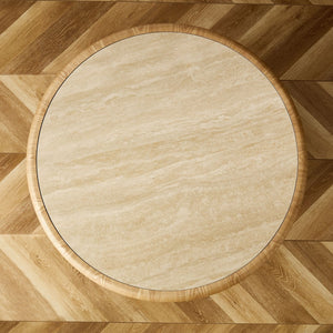 English Elm 35.43 Inch Round Sintered Stone Coffee Table with Wood Veneer Pedestal Base for Living Room Natural W2582S00210