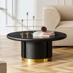 English Elm 35.43 Inch Round Sintered Stone Coffee Table with Wood Veneer Pedestal Base for Living Room Black W2582S00211