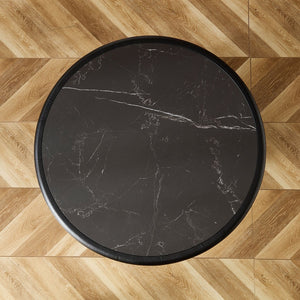 English Elm 35.43 Inch Round Sintered Stone Coffee Table with Wood Veneer Pedestal Base for Living Room Black W2582S00211