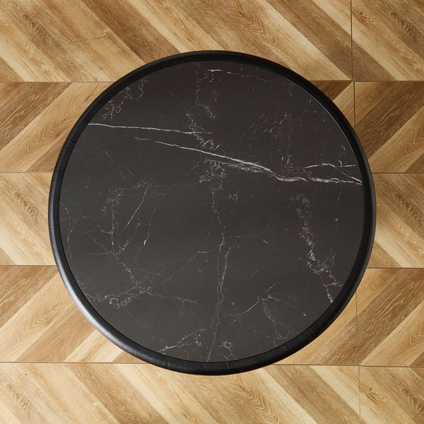 English Elm 35.43 Inch Round Sintered Stone Coffee Table with Wood Veneer Pedestal Base for Living Room Black W2582S00211