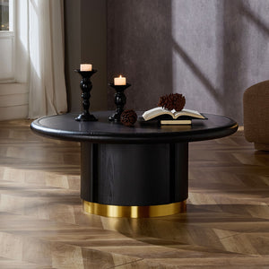 English Elm 35.43 Inch Round Sintered Stone Coffee Table with Wood Veneer Pedestal Base for Living Room Black W2582S00211