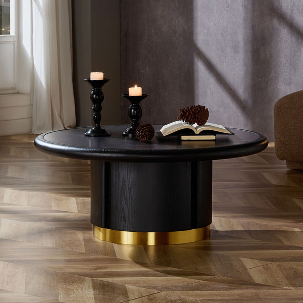 English Elm 35.43 Inch Round Sintered Stone Coffee Table with Wood Veneer Pedestal Base for Living Room Black W2582S00211