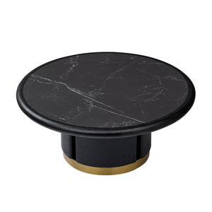 English Elm 35.43 Inch Round Sintered Stone Coffee Table with Wood Veneer Pedestal Base for Living Room Black W2582S00211