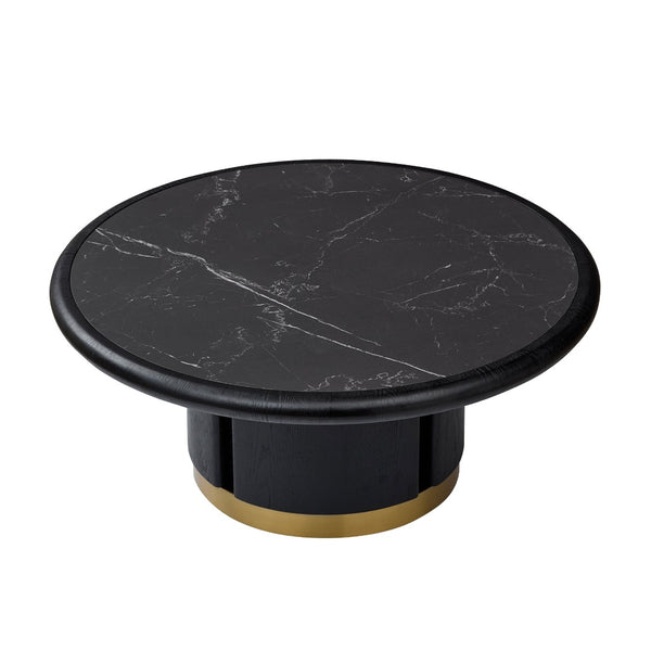 English Elm 35.43 Inch Round Sintered Stone Coffee Table with Wood Veneer Pedestal Base for Living Room Black W2582S00211