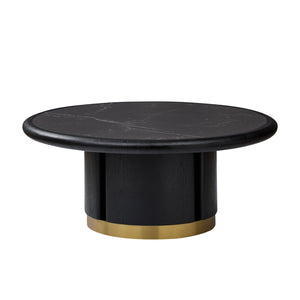 English Elm 35.43 Inch Round Sintered Stone Coffee Table with Wood Veneer Pedestal Base for Living Room Black W2582S00211