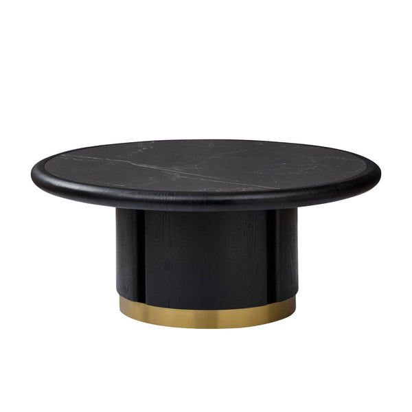 English Elm 35.43 Inch Round Sintered Stone Coffee Table with Wood Veneer Pedestal Base for Living Room Black W2582S00211