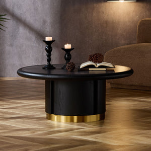 English Elm 35.43 Inch Round Sintered Stone Coffee Table with Wood Veneer Pedestal Base for Living Room Black W2582S00211
