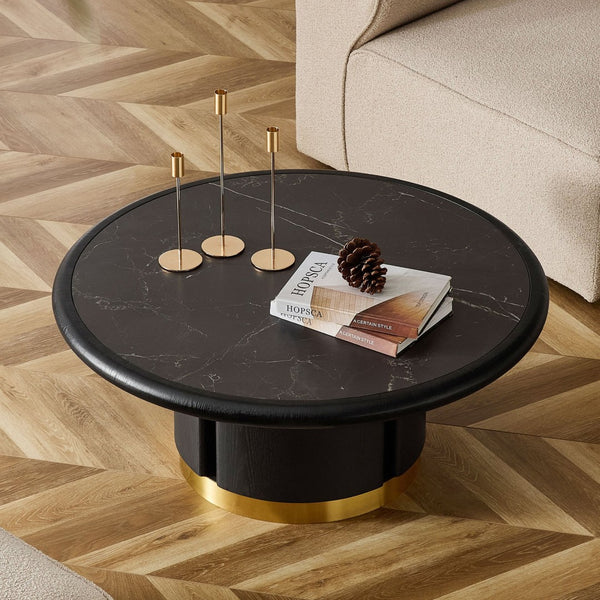 English Elm 35.43 Inch Round Sintered Stone Coffee Table with Wood Veneer Pedestal Base for Living Room Black W2582S00211