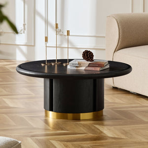 English Elm 35.43 Inch Round Sintered Stone Coffee Table with Wood Veneer Pedestal Base for Living Room Black W2582S00211