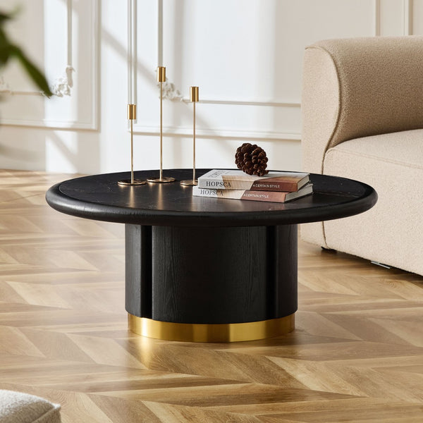 English Elm 35.43 Inch Round Sintered Stone Coffee Table with Wood Veneer Pedestal Base for Living Room Black W2582S00211