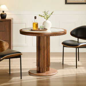 English Elm 33.07 Inch Round Sintered Stone Dining Table with Fluted Wood Legs for Two W2582S00215
