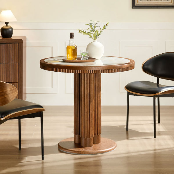 English Elm 33.07 Inch Round Sintered Stone Dining Table with Fluted Wood Legs for Two W2582S00215
