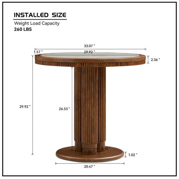 English Elm 33.07 Inch Round Sintered Stone Dining Table with Fluted Wood Legs for Two W2582S00215