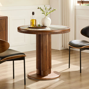 English Elm 33.07 Inch Round Sintered Stone Dining Table with Fluted Wood Legs for Two W2582S00215