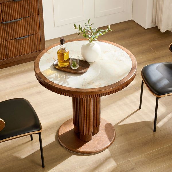 English Elm 33.07 Inch Round Sintered Stone Dining Table with Fluted Wood Legs for Two W2582S00215