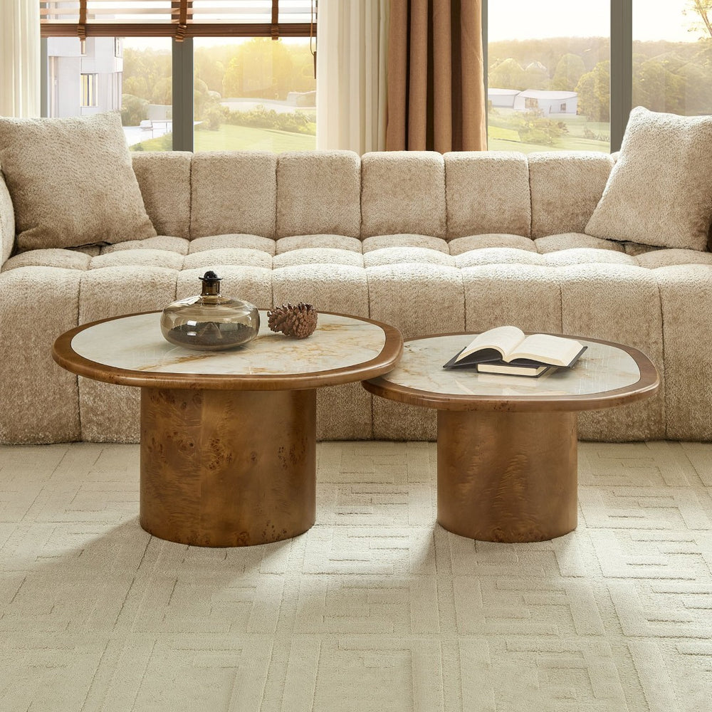 English Elm Irregular Burl Veneer and Sintered Stone Coffee Table Set for Modern Living Rooms Walnut W2582S00216