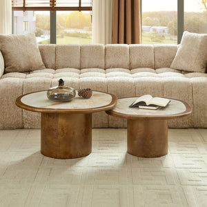 English Elm Irregular Burl Veneer and Sintered Stone Coffee Table Set for Modern Living Rooms Walnut W2582S00216