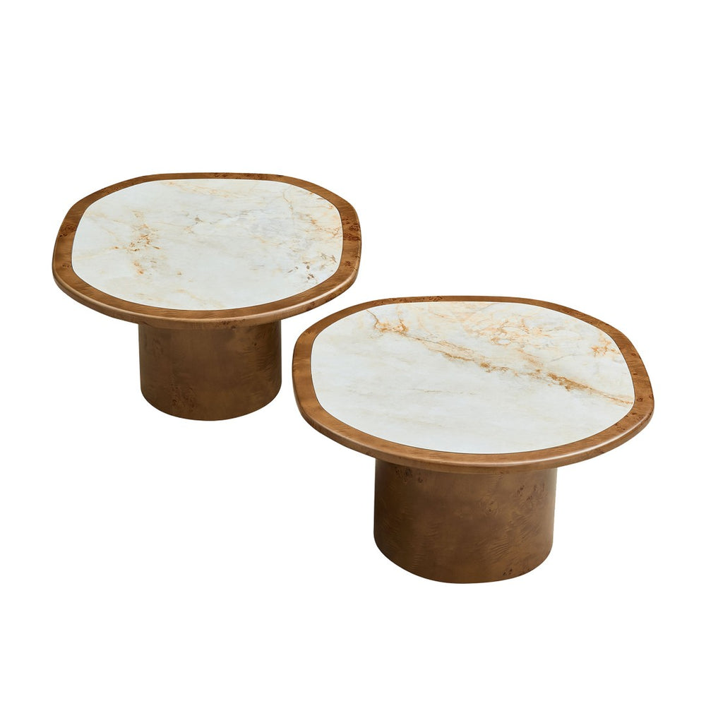 English Elm Irregular Burl Veneer and Sintered Stone Coffee Table Set for Modern Living Rooms Walnut W2582S00216
