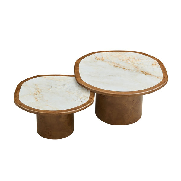 English Elm Irregular Burl Veneer and Sintered Stone Coffee Table Set for Modern Living Rooms Walnut W2582S00216