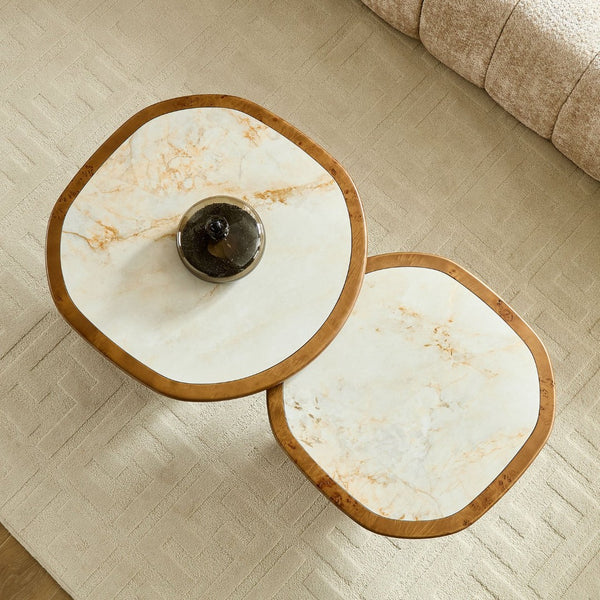English Elm Irregular Burl Veneer and Sintered Stone Coffee Table Set for Modern Living Rooms Walnut W2582S00216