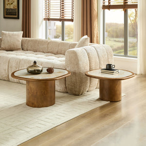 English Elm Irregular Burl Veneer and Sintered Stone Coffee Table Set for Modern Living Rooms Walnut W2582S00216