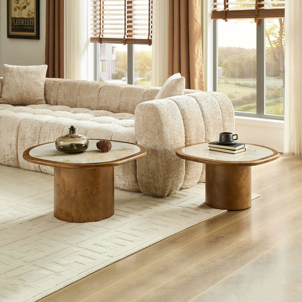 English Elm Irregular Burl Veneer and Sintered Stone Coffee Table Set for Modern Living Rooms Walnut W2582S00216