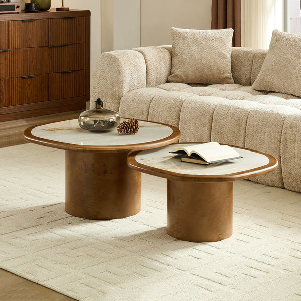 English Elm Irregular Burl Veneer and Sintered Stone Coffee Table Set for Modern Living Rooms Walnut W2582S00216