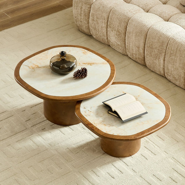 English Elm Irregular Burl Veneer and Sintered Stone Coffee Table Set for Modern Living Rooms Walnut W2582S00216