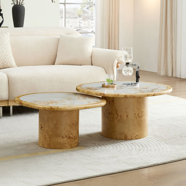 English Elm Irregular Burl Veneer and Sintered Stone Coffee Table Set for Modern Living Rooms Natural W2582S00217