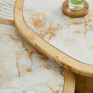 English Elm Irregular Burl Veneer and Sintered Stone Coffee Table Set for Modern Living Rooms Natural W2582S00217