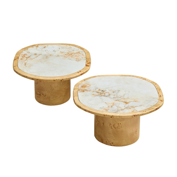 English Elm Irregular Burl Veneer and Sintered Stone Coffee Table Set for Modern Living Rooms Natural W2582S00217