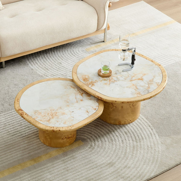 English Elm Irregular Burl Veneer and Sintered Stone Coffee Table Set for Modern Living Rooms Natural W2582S00217