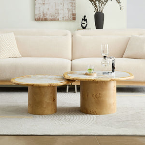 English Elm Irregular Burl Veneer and Sintered Stone Coffee Table Set for Modern Living Rooms Natural W2582S00217