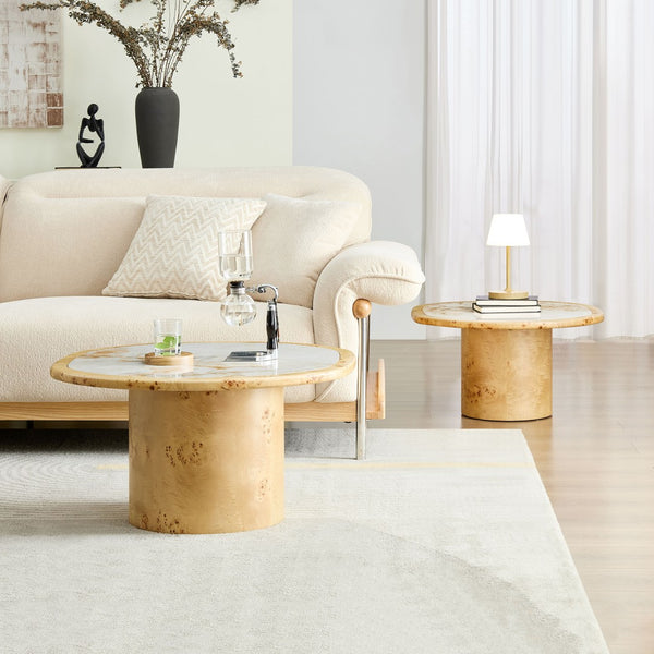 English Elm Irregular Burl Veneer and Sintered Stone Coffee Table Set for Modern Living Rooms Natural W2582S00217