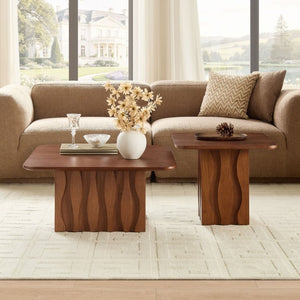 English Elm 2Pcs Nesting Square Coffee Tables Hand Carved Fluted Wood Base Mid Century Living Room Brown W2582S00219