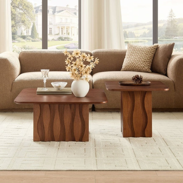 English Elm 2Pcs Nesting Square Coffee Tables Hand Carved Fluted Wood Base Mid Century Living Room Brown W2582S00219