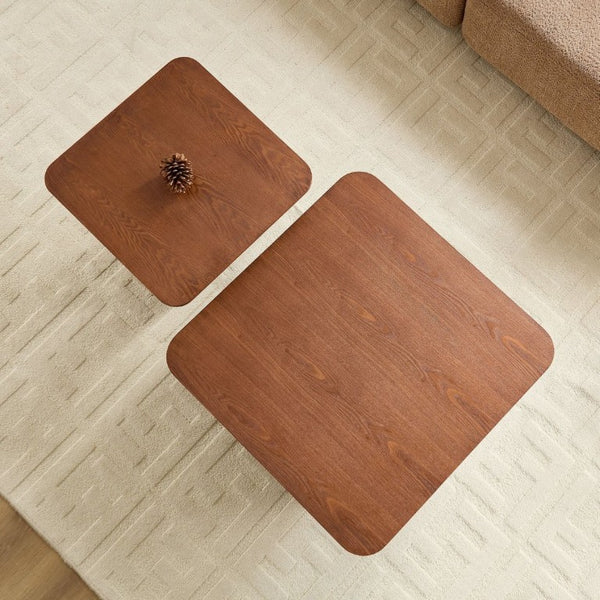 English Elm 2Pcs Nesting Square Coffee Tables Hand Carved Fluted Wood Base Mid Century Living Room Brown W2582S00219