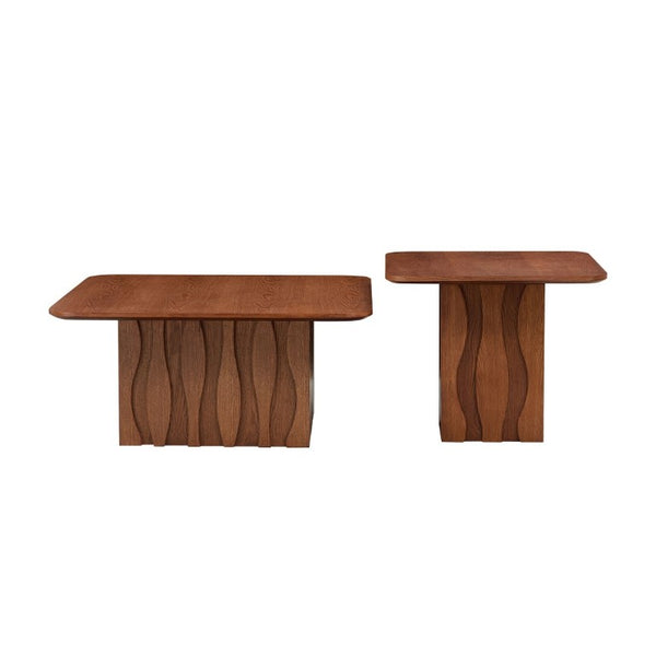 English Elm 2Pcs Nesting Square Coffee Tables Hand Carved Fluted Wood Base Mid Century Living Room Brown W2582S00219