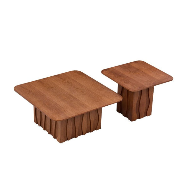 English Elm 2Pcs Nesting Square Coffee Tables Hand Carved Fluted Wood Base Mid Century Living Room Brown W2582S00219