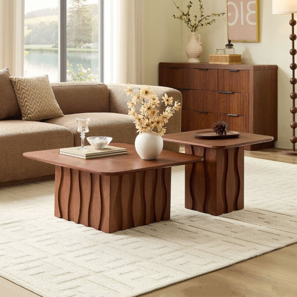 English Elm 2Pcs Nesting Square Coffee Tables Hand Carved Fluted Wood Base Mid Century Living Room Brown W2582S00219