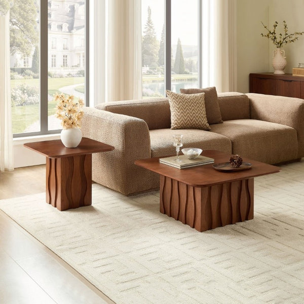 English Elm 2Pcs Nesting Square Coffee Tables Hand Carved Fluted Wood Base Mid Century Living Room Brown W2582S00219