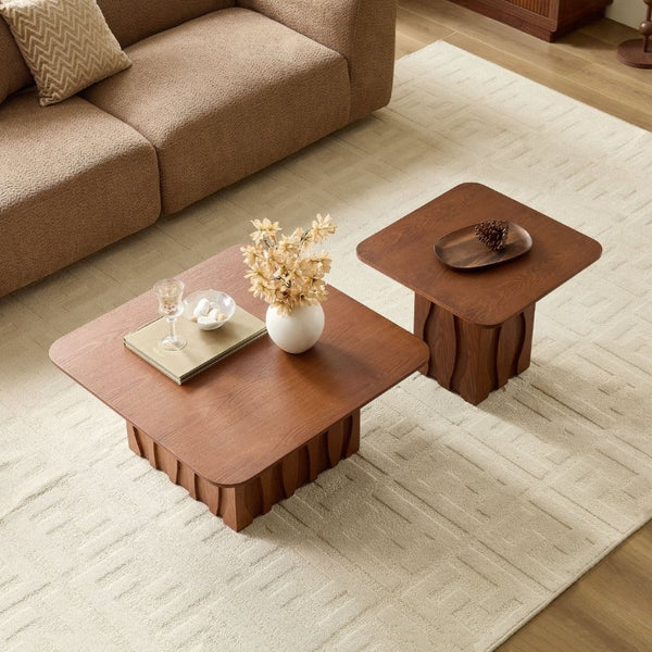 English Elm 2Pcs Nesting Square Coffee Tables Hand Carved Fluted Wood Base Mid Century Living Room Brown W2582S00219