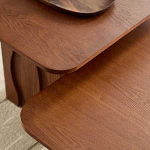English Elm 2Pcs Nesting Square Coffee Tables Hand Carved Fluted Wood Base Mid Century Living Room Brown W2582S00219