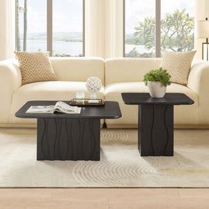English Elm 2Pcs Nesting Square Coffee Tables Hand Carved Fluted Wood Base Mid Century Living Room Black W2582S00220